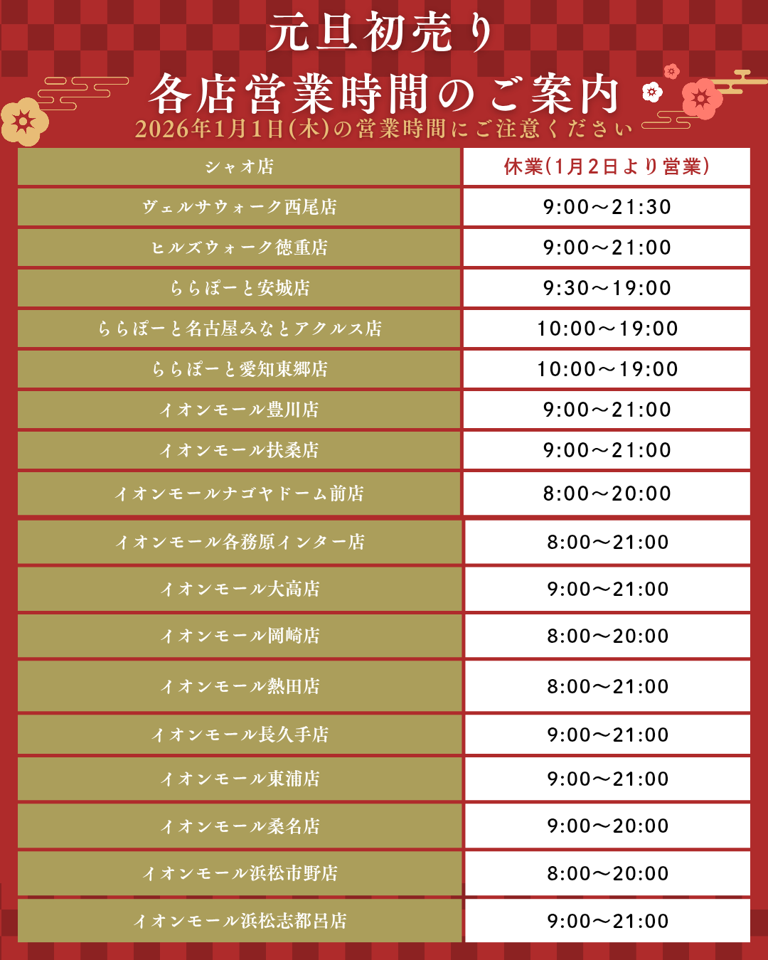 元旦の営業時間